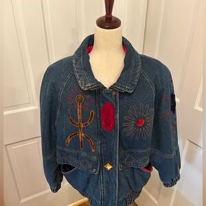 VTG 90s IZZI Denim Bomber Jacket Sz Med Velvet Embroidery Southwestern Insulated